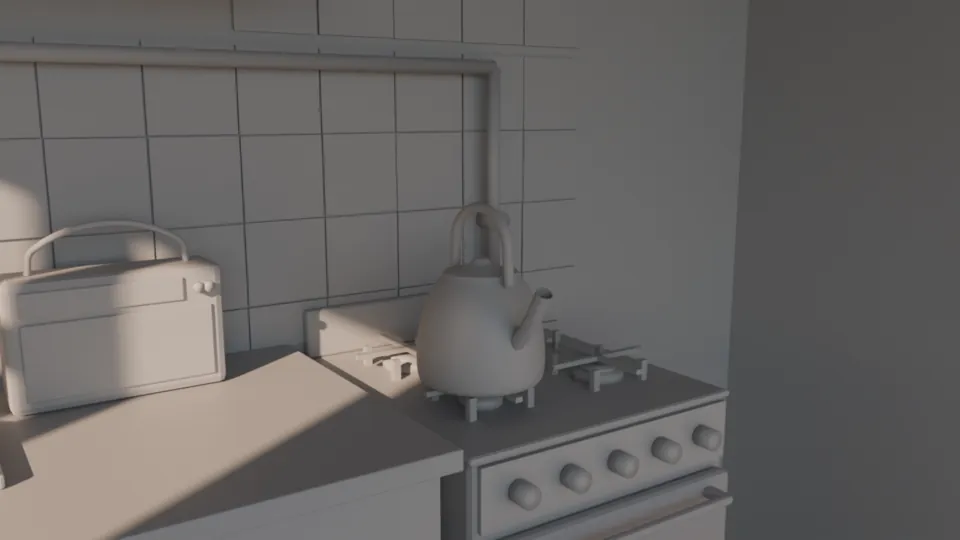 The stove wall in grey clay: the radio, the kettle on the stove, the tiles and the pipes, all modelled in code