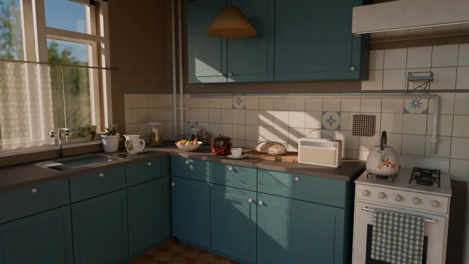 A worn teal kitchen corner in low morning sun: lace on the window, fruit and an enamel pot on the worktop, a kettle on an old white stove
