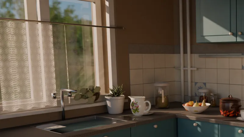 The window corner with the jug on the worktop and the geranium on the sill