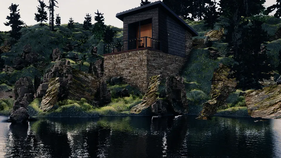 A low view across a dark lake toward a timber cabin on a stone plinth, between mossy rock slabs and firs