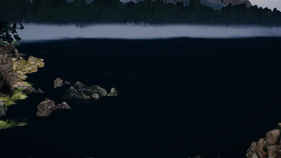 The lake surface is completely black between the rocks; only a pale band of mist shows at the far shore