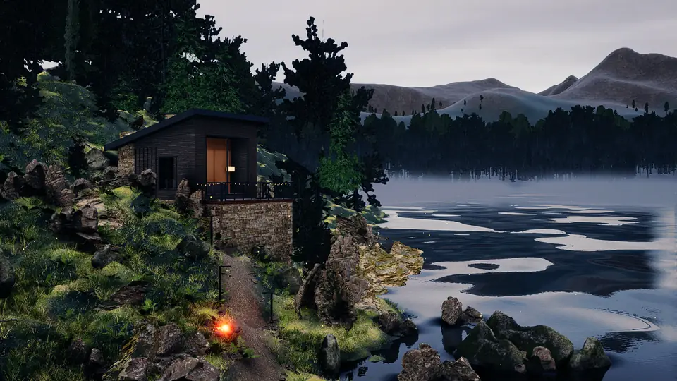 Sharp pale patches cover the dark lake surface in front of the cabin