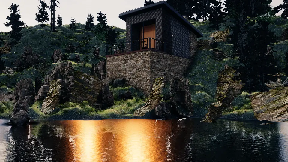 A low view across the water: a solid band of orange light on the lake under the cabin