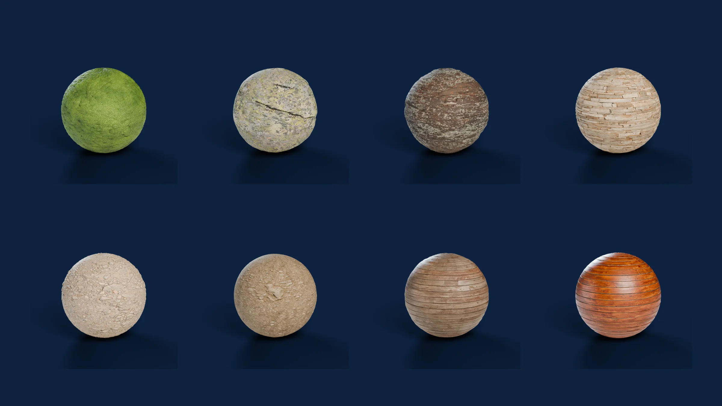 Eight material spheres: moss, rock, stone wall, planks, forest ground and deck wood